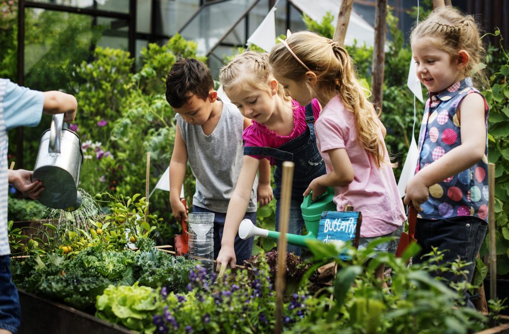 Kinder gärtnern und kümmern sich um die Beete im Garten